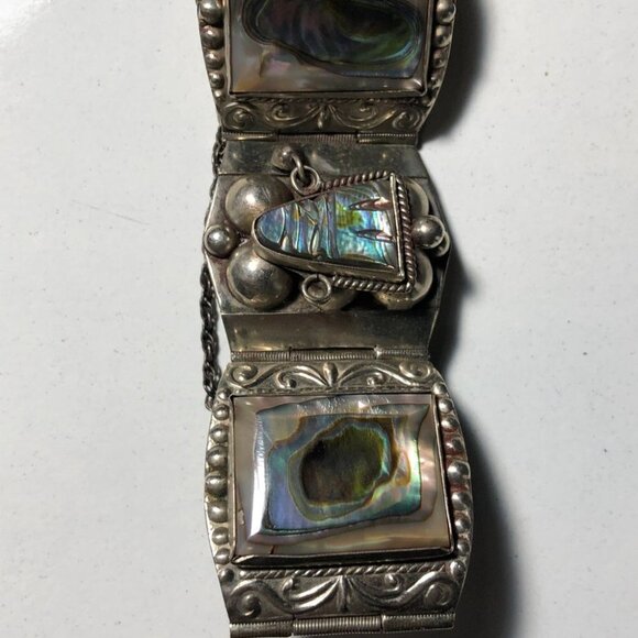 Vintage Sterling Silver Panel Bracelet Abalone Aztec Taxco Mexico Eagle Head - Picture 10 of 15